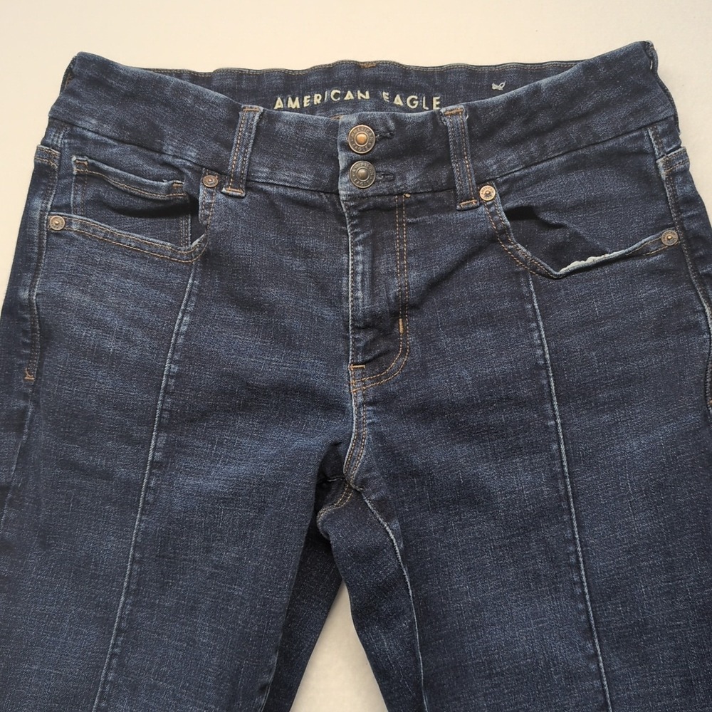 American Eagle Curvy Kick Boot Jeans Womens 12 Short Blue Medium Wash Stretch - Picture 2 of 13